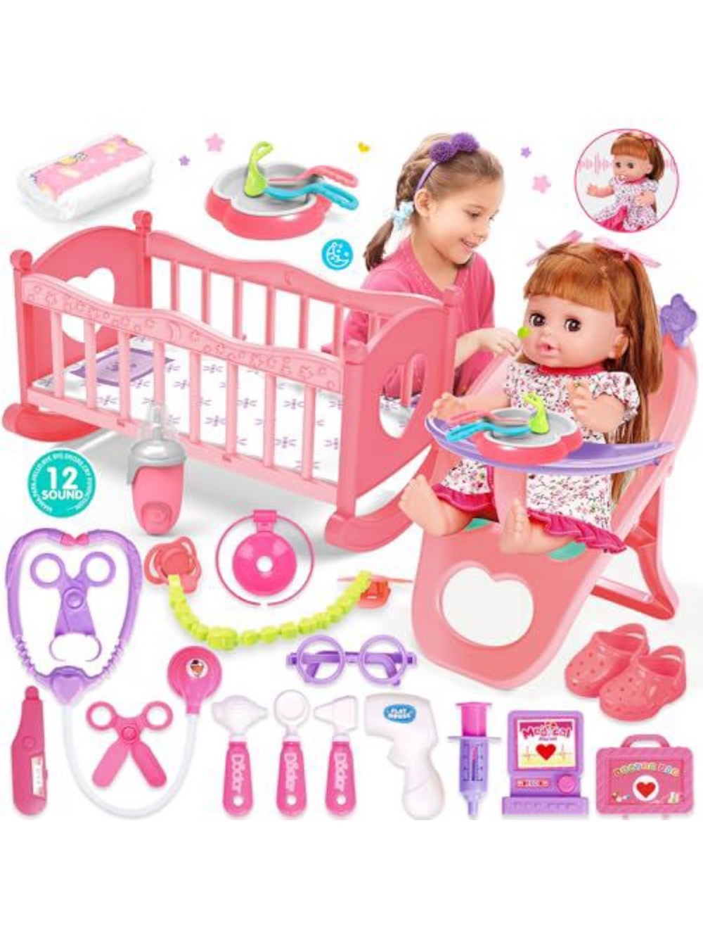 Pink Baby Doll Playset with Accessories - Kids Toys